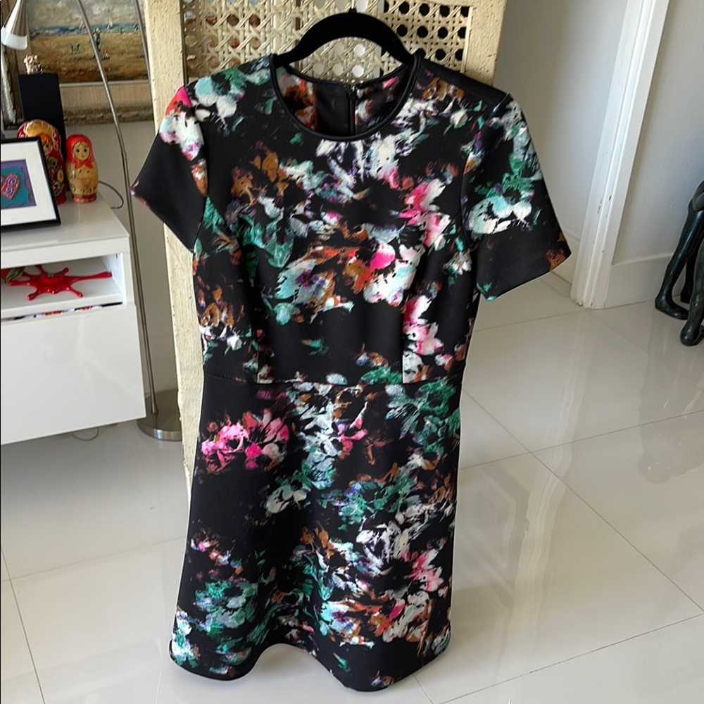 Black/Pink/Purple Multi Color Floral Print Short Sleeve Below the Knee Dress